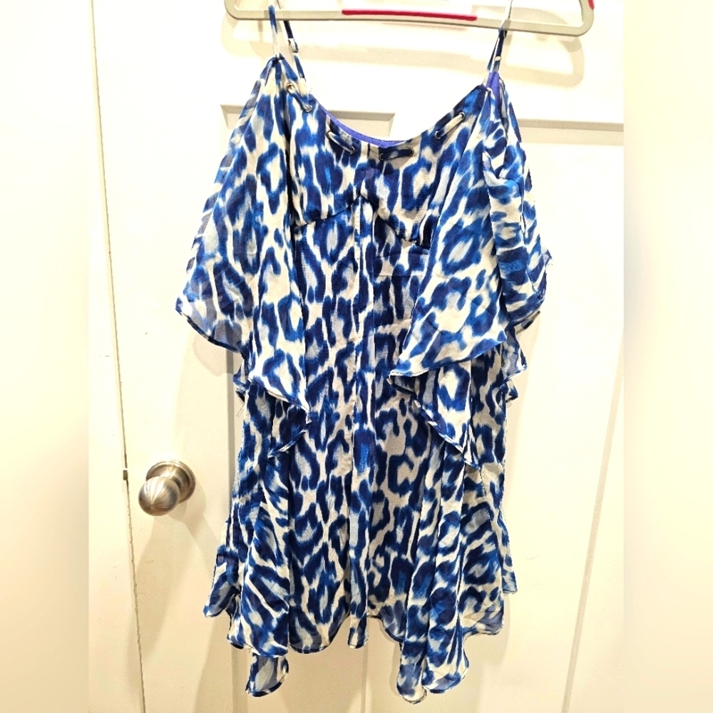 Jessica Simpson Blue Leopard Print Ruffle Dress – Size Small Spaghetti Strap